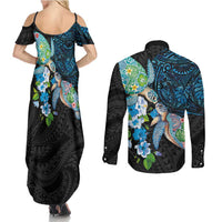 Hawaiian Couple Turtles Honi Couples Matching Summer Maxi Dress and Long Sleeve Button Shirt Polynesian Art Motifs and Hibiscus Black Blue Color - Polynesian Pride