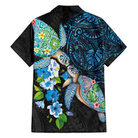 Hawaiian Couple Turtles Honi Family Matching Off The Shoulder Long Sleeve Dress and Hawaiian Shirt Polynesian Art Motifs and Hibiscus Black Blue Color - Polynesian Pride