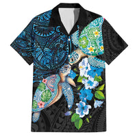 Hawaiian Couple Turtles Honi Family Matching Off Shoulder Maxi Dress and Hawaiian Shirt Polynesian Art Motifs and Hibiscus Black Blue Color - Polynesian Pride