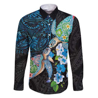 Hawaiian Couple Turtles Honi Family Matching Off Shoulder Maxi Dress and Hawaiian Shirt Polynesian Art Motifs and Hibiscus Black Blue Color - Polynesian Pride