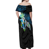 Hawaiian Couple Turtles Honi Family Matching Off Shoulder Maxi Dress and Hawaiian Shirt Polynesian Art Motifs and Hibiscus Black Blue Color - Polynesian Pride