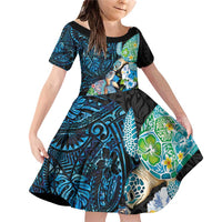 Hawaiian Couple Turtles Honi Family Matching Off Shoulder Short Dress and Hawaiian Shirt Polynesian Art Motifs and Hibiscus Black Blue Color - Polynesian Pride