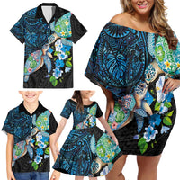 Hawaiian Couple Turtles Honi Family Matching Off Shoulder Short Dress and Hawaiian Shirt Polynesian Art Motifs and Hibiscus Black Blue Color LT03 - Polynesian Pride