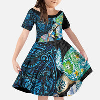 Hawaiian Couple Turtles Honi Family Matching Puletasi and Hawaiian Shirt Polynesian Art Motifs and Hibiscus Black Blue Color LT03 Daughter's Dress Black - Polynesian Pride