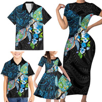 Hawaiian Couple Turtles Honi Family Matching Short Sleeve Bodycon Dress and Hawaiian Shirt Polynesian Art Motifs and Hibiscus Black Blue Color - Polynesian Pride