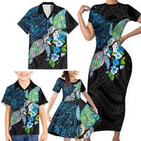 Hawaiian Couple Turtles Honi Family Matching Short Sleeve Bodycon Dress and Hawaiian Shirt Polynesian Art Motifs and Hibiscus Black Blue Color LT03 - Polynesian Pride