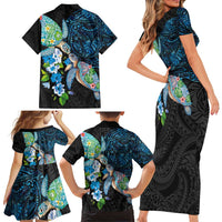 Hawaiian Couple Turtles Honi Family Matching Short Sleeve Bodycon Dress and Hawaiian Shirt Polynesian Art Motifs and Hibiscus Black Blue Color - Polynesian Pride