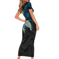 Hawaiian Couple Turtles Honi Family Matching Short Sleeve Bodycon Dress and Hawaiian Shirt Polynesian Art Motifs and Hibiscus Black Blue Color LT03 - Polynesian Pride