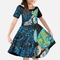 Hawaiian Couple Turtles Honi Family Matching Summer Maxi Dress and Hawaiian Shirt Polynesian Art Motifs and Hibiscus Black Blue Color LT03 Daughter's Dress Black - Polynesian Pride