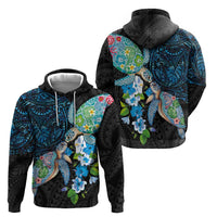 Hawaiian Couple Turtles Honi Hoodie Polynesian Art Motifs and Hibiscus Black Blue Color - Polynesian Pride