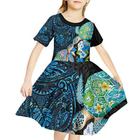 Hawaiian Couple Turtles Honi Kid Short Sleeve Dress Polynesian Art Motifs and Hibiscus Black Blue Color - Polynesian Pride