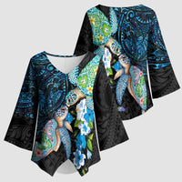 Hawaiian Couple Turtles Honi Kimono Sleeve Blouse Polynesian Art Motifs and Hibiscus Black Blue Color - Polynesian Pride