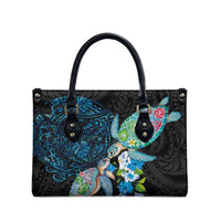 Hawaiian Couple Turtles Honi Leather Bag Polynesian Art Motifs and Hibiscus Black Blue Color - Polynesian Pride