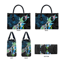 Hawaiian Couple Turtles Honi Leather Bag Polynesian Art Motifs and Hibiscus Black Blue Color - Polynesian Pride