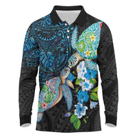 Hawaiian Couple Turtles Honi Long Sleeve Polo Shirt Polynesian Art Motifs and Hibiscus Black Blue Color - Polynesian Pride