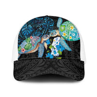 Hawaiian Couple Turtles Honi Mesh Trucker Cap Polynesian Art Motifs and Hibiscus Black Blue Color LT03 One Size White Black - Polynesian Pride