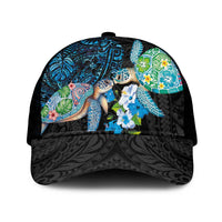 Hawaiian Couple Turtles Honi Mesh Trucker Cap Polynesian Art Motifs and Hibiscus Black Blue Color LT03 One Size Black Black - Polynesian Pride