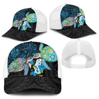 Hawaiian Couple Turtles Honi Mesh Trucker Cap Polynesian Art Motifs and Hibiscus Black Blue Color LT03 - Polynesian Pride