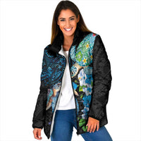 Hawaiian Couple Turtles Honi Padded Jacket Polynesian Art Motifs and Hibiscus Black Blue Color - Polynesian Pride