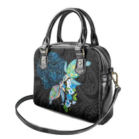 Hawaiian Couple Turtles Honi Shoulder Handbag Polynesian Art Motifs and Hibiscus Black Blue Color - Polynesian Pride