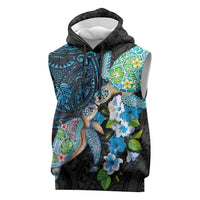 Hawaiian Couple Turtles Honi Sleeveless Hoodie Polynesian Art Motifs and Hibiscus Black Blue Color - Polynesian Pride