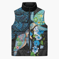 Hawaiian Couple Turtles Honi Sleeveless Puffer Jacket Polynesian Art Motifs and Hibiscus Black Blue Color - Polynesian Pride