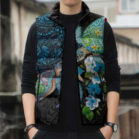 Hawaiian Couple Turtles Honi Sleeveless Puffer Jacket Polynesian Art Motifs and Hibiscus Black Blue Color - Polynesian Pride