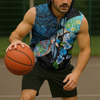 Hawaiian Couple Turtles Honi Sleeveless Zip Hoodie Polynesian Art Motifs and Hibiscus Black Blue Color - Polynesian Pride