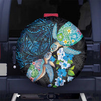 Hawaiian Couple Turtles Honi Spare Tire Cover Polynesian Art Motifs and Hibiscus Black Blue Color - Polynesian Pride