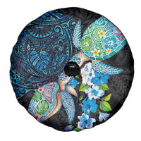 Hawaiian Couple Turtles Honi Spare Tire Cover Polynesian Art Motifs and Hibiscus Black Blue Color - Polynesian Pride