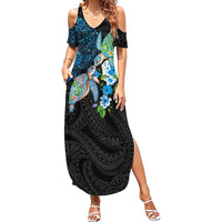 Hawaiian Couple Turtles Honi Summer Maxi Dress Polynesian Art Motifs and Hibiscus Black Blue Color - Polynesian Pride