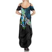 Hawaiian Couple Turtles Honi Summer Maxi Dress Polynesian Art Motifs and Hibiscus Black Blue Color - Polynesian Pride
