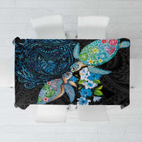 Hawaiian Couple Turtles Honi Tablecloth Polynesian Art Motifs and Hibiscus Black Blue Color - Polynesian Pride