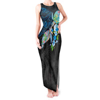 Hawaiian Couple Turtles Honi Tank Maxi Dress Polynesian Art Motifs and Hibiscus Black Blue Color - Polynesian Pride