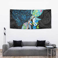 Hawaiian Couple Turtles Honi Tapestry Polynesian Art Motifs and Hibiscus Black Blue Color - Polynesian Pride