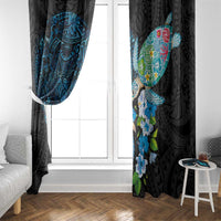 Hawaiian Couple Turtles Honi Window Curtain Polynesian Art Motifs and Hibiscus Black Blue Color - Polynesian Pride