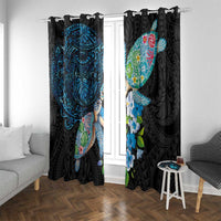 Hawaiian Couple Turtles Honi Window Curtain Polynesian Art Motifs and Hibiscus Black Blue Color - Polynesian Pride