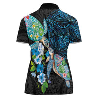 Hawaiian Couple Turtles Honi Women Polo Shirt Polynesian Art Motifs and Hibiscus Black Blue Color - Polynesian Pride