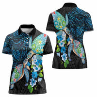 Hawaiian Couple Turtles Honi Women Polo Shirt Polynesian Art Motifs and Hibiscus Black Blue Color - Polynesian Pride