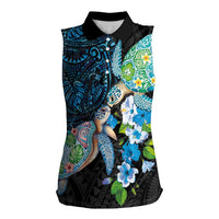 Hawaiian Couple Turtles Honi Women Sleeveless Polo Shirt Polynesian Art Motifs and Hibiscus Black Blue Color - Polynesian Pride