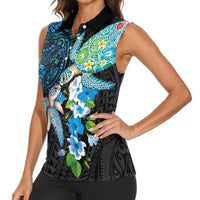 Hawaiian Couple Turtles Honi Women Sleeveless Polo Shirt Polynesian Art Motifs and Hibiscus Black Blue Color - Polynesian Pride