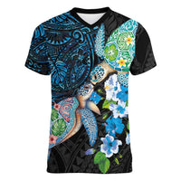 Hawaiian Couple Turtles Honi Women V-Neck T-Shirt Polynesian Art Motifs and Hibiscus Black Blue Color LT03 Female Black - Polynesian Pride