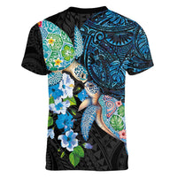 Hawaiian Couple Turtles Honi Women V-Neck T-Shirt Polynesian Art Motifs and Hibiscus Black Blue Color - Polynesian Pride