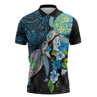 Hawaiian Couple Turtles Honi Zipper Polo Shirt Polynesian Art Motifs and Hibiscus Black Blue Color - Polynesian Pride