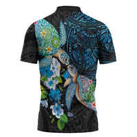 Hawaiian Couple Turtles Honi Zipper Polo Shirt Polynesian Art Motifs and Hibiscus Black Blue Color LT03 - Polynesian Pride