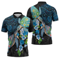 Hawaiian Couple Turtles Honi Zipper Polo Shirt Polynesian Art Motifs and Hibiscus Black Blue Color - Polynesian Pride