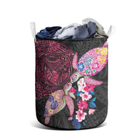 Hawaiian Couple Turtles Honi Laundry Basket Polynesian Art Motifs and Hibiscus Black Red Color LT03 - Polynesian Pride