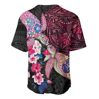 Hawaiian Couple Turtles Honi Baseball Jersey Polynesian Art Motifs and Hibiscus Black Red Color - Polynesian Pride