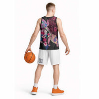 Hawaiian Couple Turtles Honi Basketball Jersey Polynesian Art Motifs and Hibiscus Black Red Color - Polynesian Pride