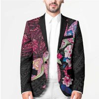 Hawaiian Couple Turtles Honi Blazer Polynesian Art Motifs and Hibiscus Black Red Color - Polynesian Pride